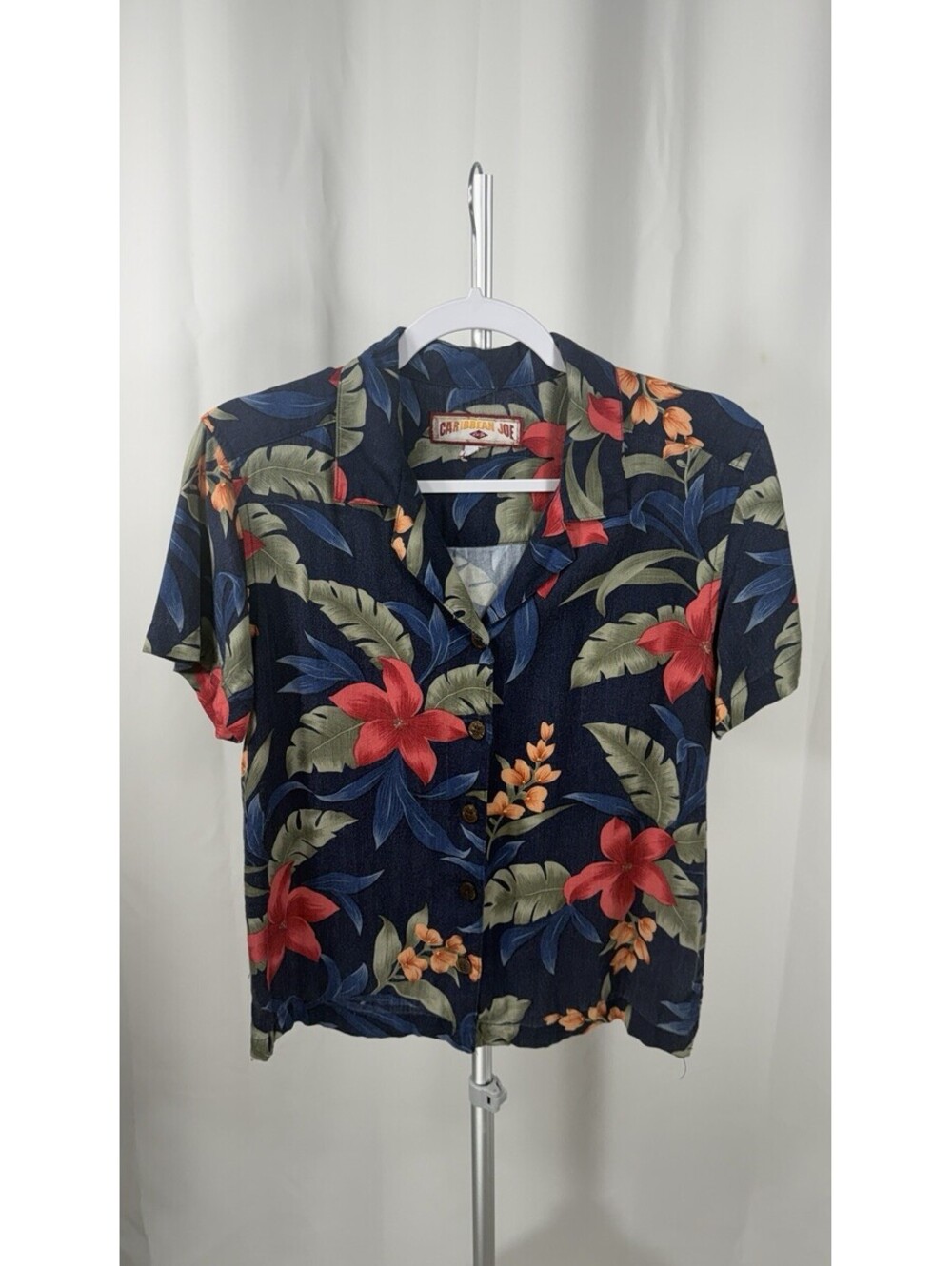 Caribbean Joe Womens Navy Tropical Floral Hawaiian Button Up Shirt Short Sleeve